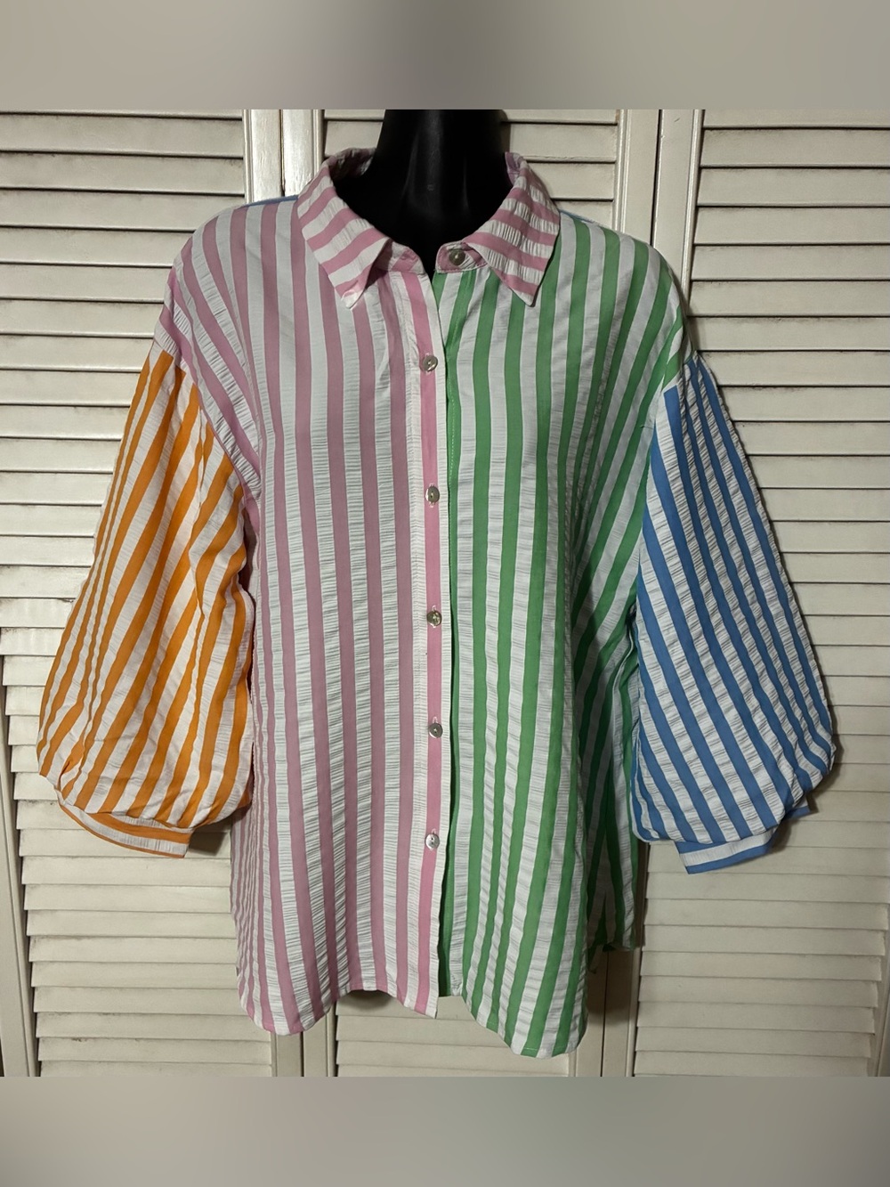 entro Multicolor Striped Button-Front Shirt in Pink, Green, Blue & Yellow